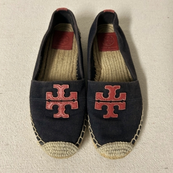 Tory Burch Shoes - Tory Burch Weston Espadrille Women’s 6 Navy Blue Canvas Red Logo Slip On Shoes